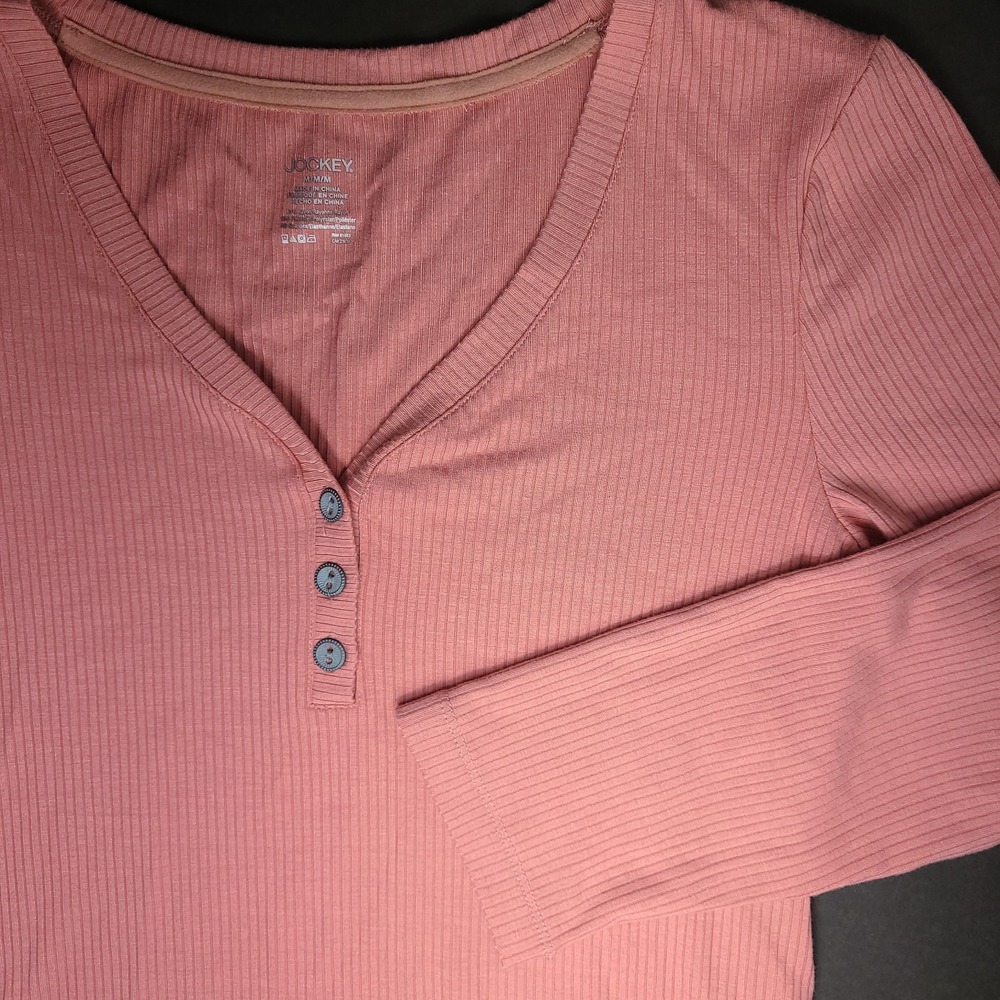 Jockey Women's Ribbed Knit Lounge Dress Size Medium Pink 3/4 Sleeve Button Front